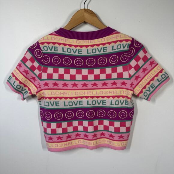 Debut Top Women M Purple Cropped Smily Face Sweater Kidcore Text Love Spring - Picture 2 of 5